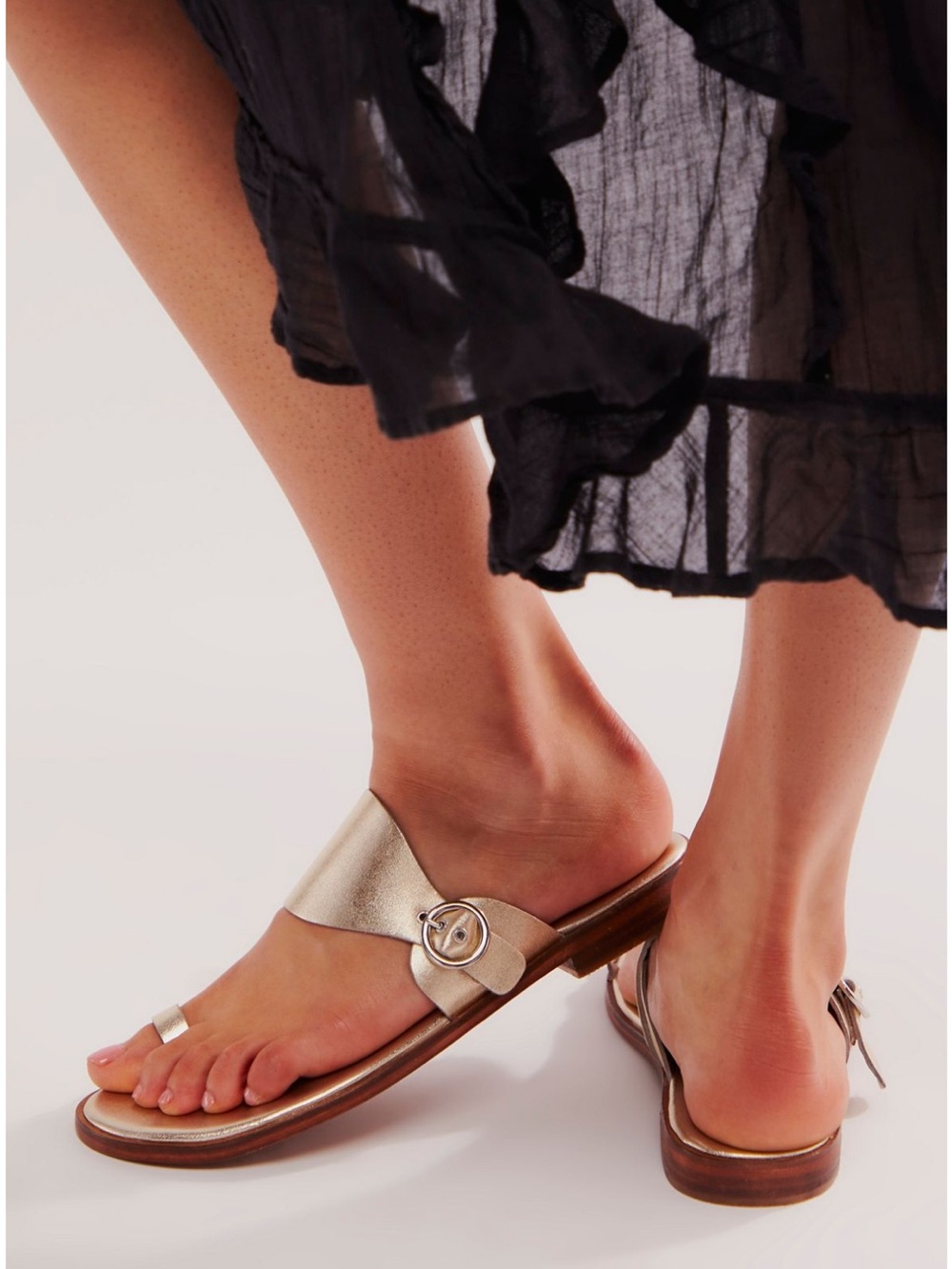 Free People Metallic Gold Toe-Ring Buckle Sandals
